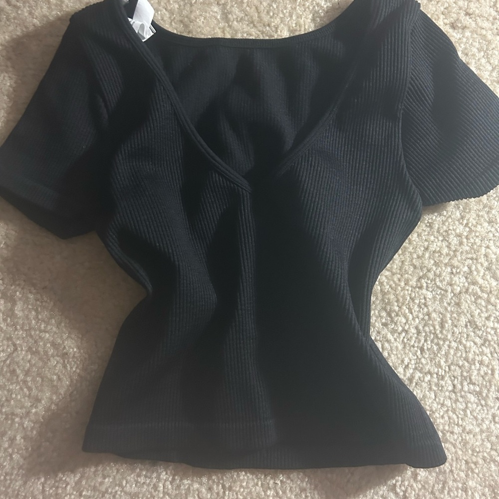 Aeropostale Black Ribbed Short Sleeve v-neck Top